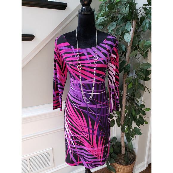 Spense Shift Dress Womens Size 10 Purple Leaf Print Stretch Boat Neck Pullover - Picture 1 of 12